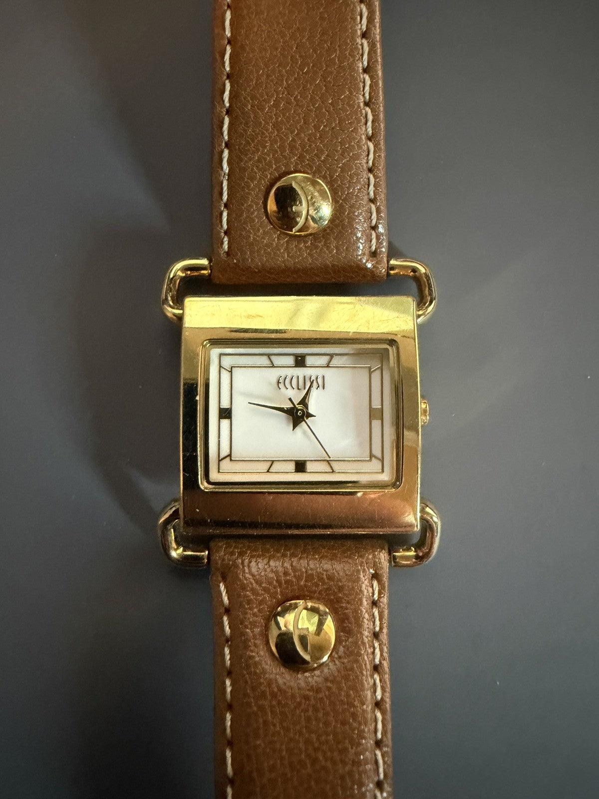 Ecclissi Gold Tone Brown Leather Band Quartz Watch New Battery