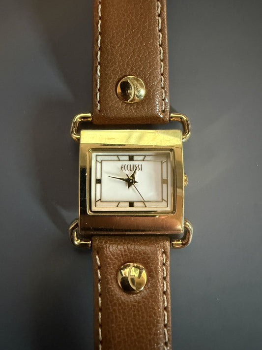 Ecclissi Gold Tone Brown Leather Band Quartz Watch New Battery