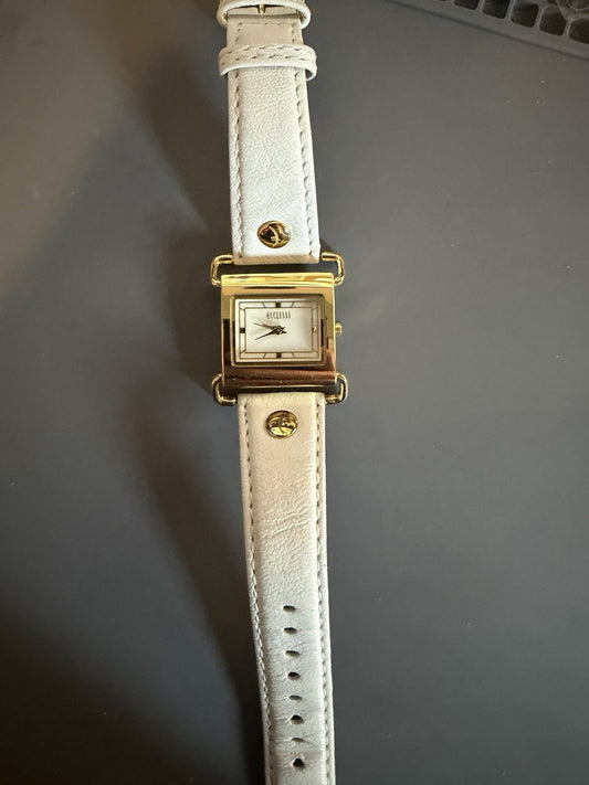 Ecclissi Gold Tone White Leather Band Quartz Watch New Battery