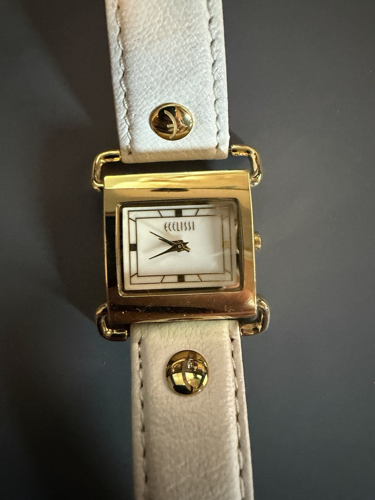 Ecclissi Gold Tone White Leather Band Quartz Watch New Battery