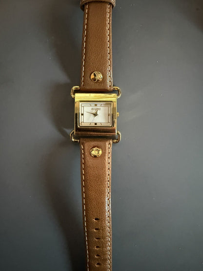 Ecclissi Gold Tone Brown Leather Band Quartz Watch New Battery