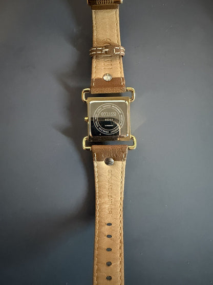 Ecclissi Gold Tone Brown Leather Band Quartz Watch New Battery